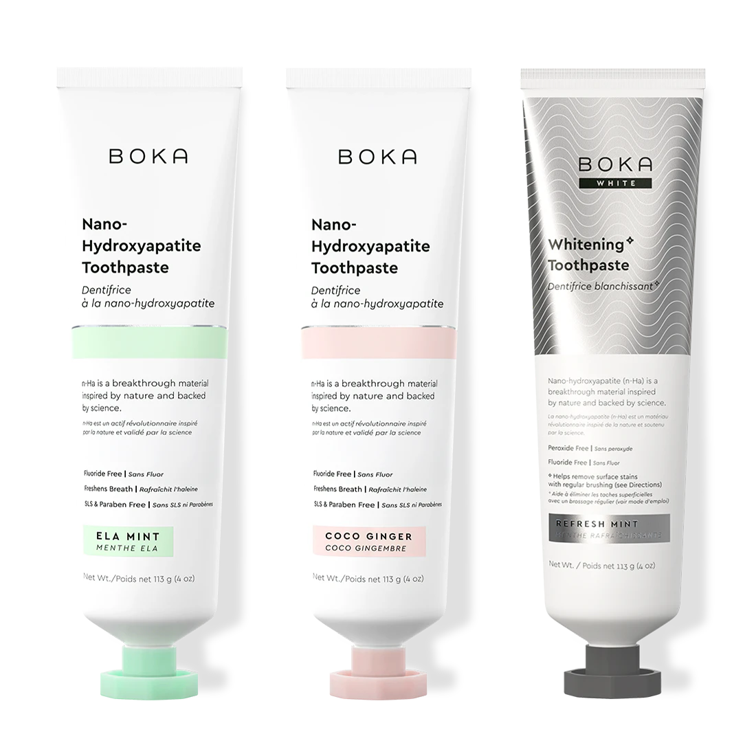 Three bottles of Boka Nano-Hydroxyapatite Toothpaste on a white background