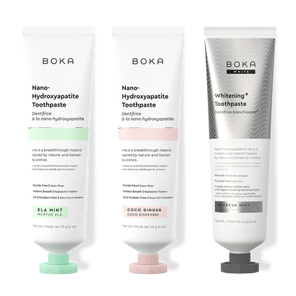 Three bottles of Boka Nano-Hydroxyapatite Toothpaste on a white background
