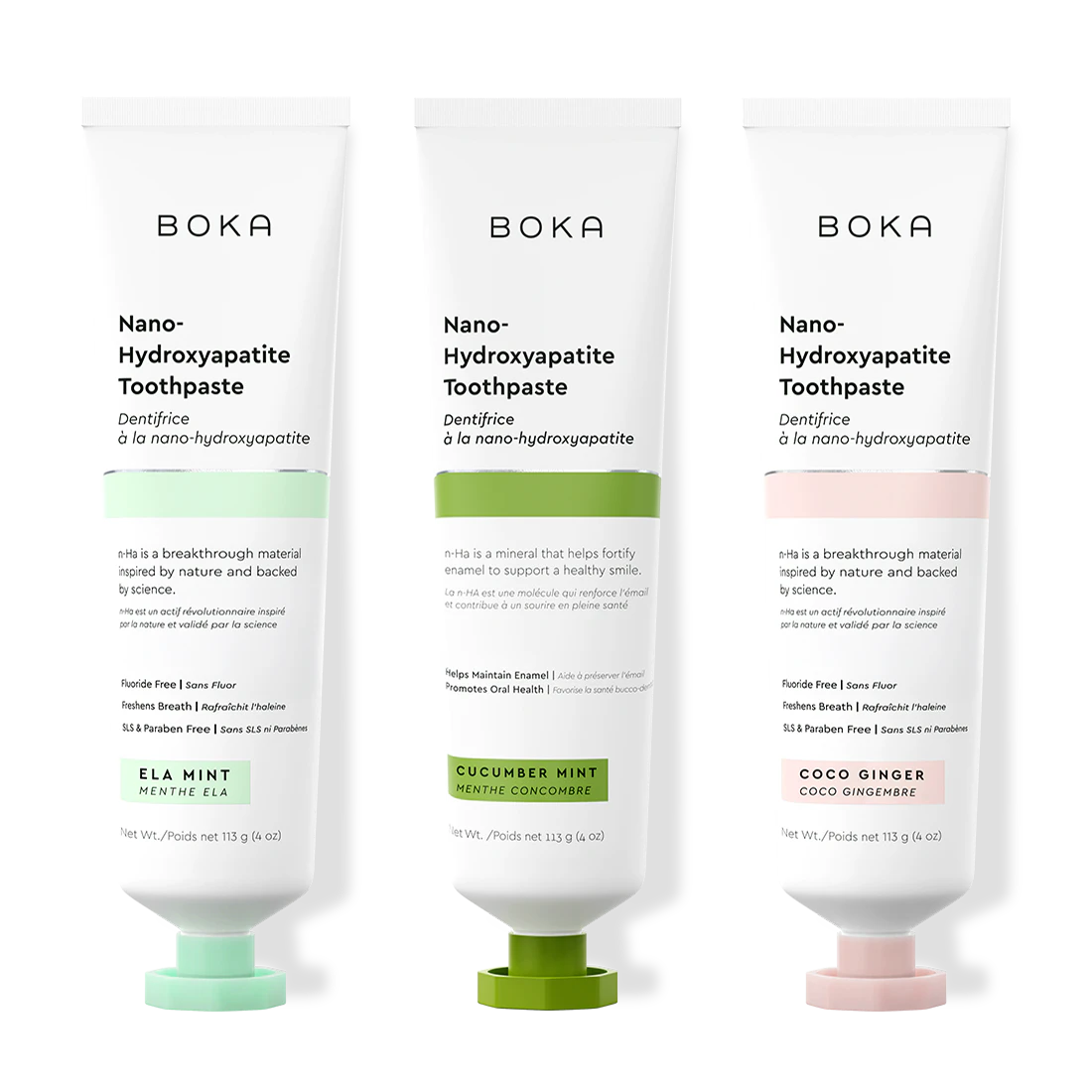 Three tubes of Boka Nano-Hydroxyapatite Toothpaste on a white background