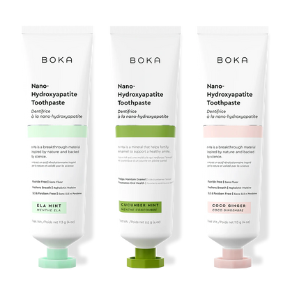 Three tubes of Boka Nano-Hydroxyapatite Toothpaste on a white background