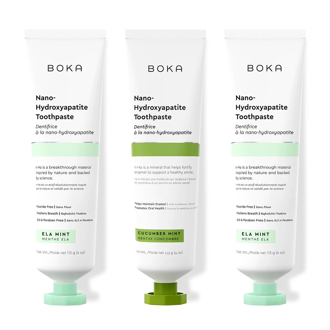 Three tubes of Boka Nano-Hydroxyapatite Toothpaste on a white background