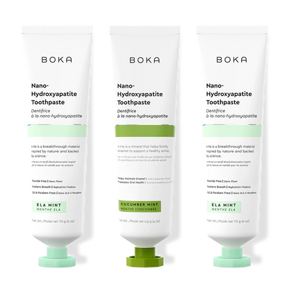 Three tubes of Boka Nano-Hydroxyapatite Toothpaste on a white background
