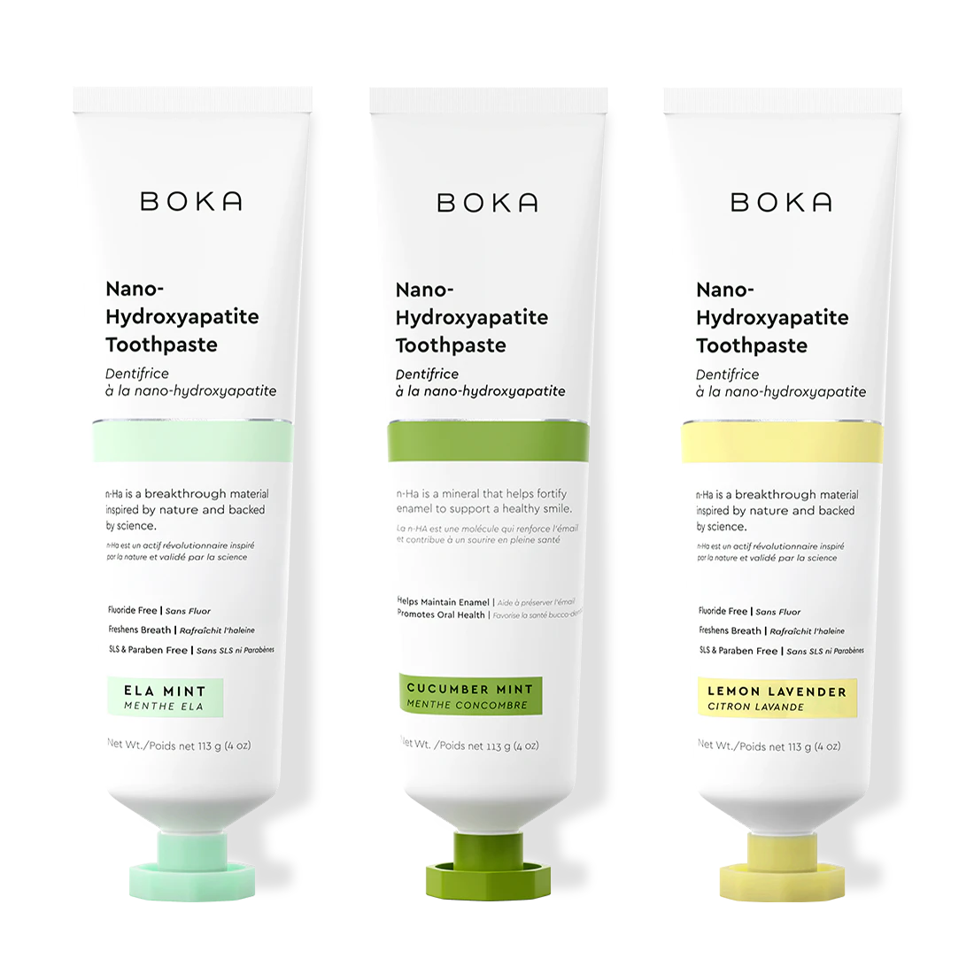 Three tubes of Boka Nano-Hydroxyapatite Toothpaste on a white background
