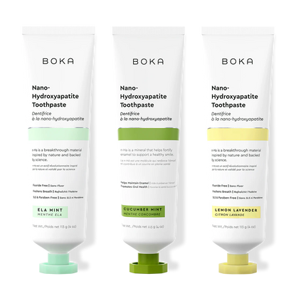 Three tubes of Boka Nano-Hydroxyapatite Toothpaste on a white background