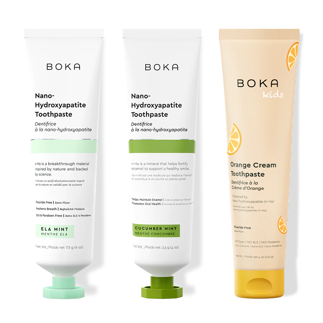 Three tubes of Boka Nano-Hydroxyapatite Toothpaste on a white background
