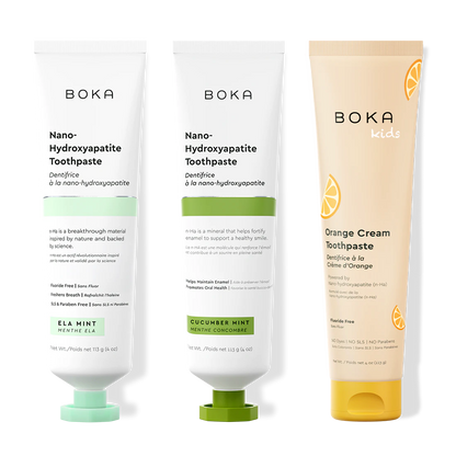 Three tubes of Boka Nano-Hydroxyapatite Toothpaste on a white background