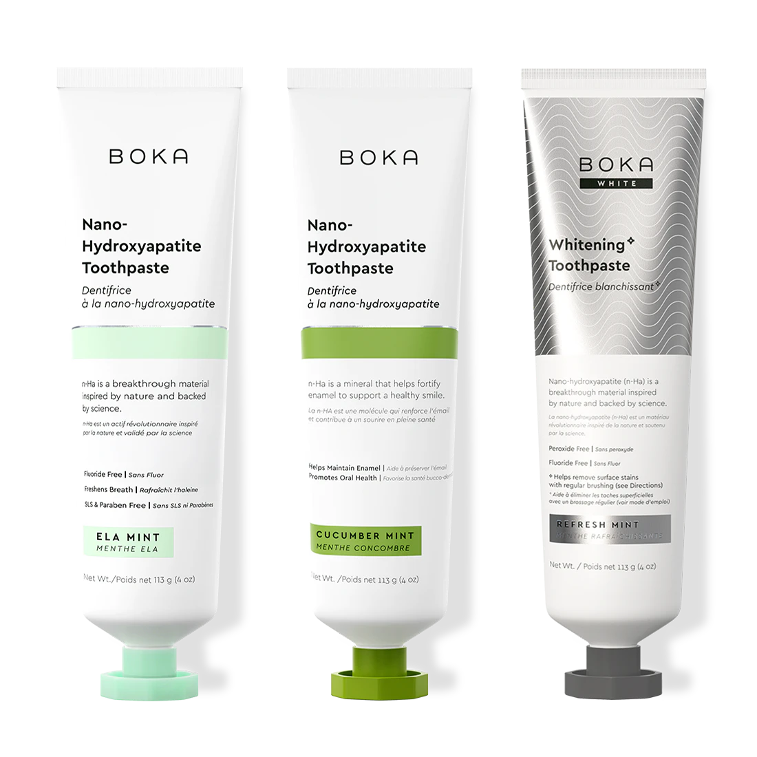 Three bottles of Boka Nano-Hydroxyapatite Toothpaste on a white background