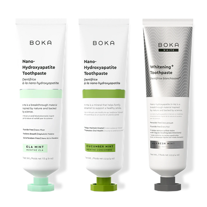 Three bottles of Boka Nano-Hydroxyapatite Toothpaste on a white background