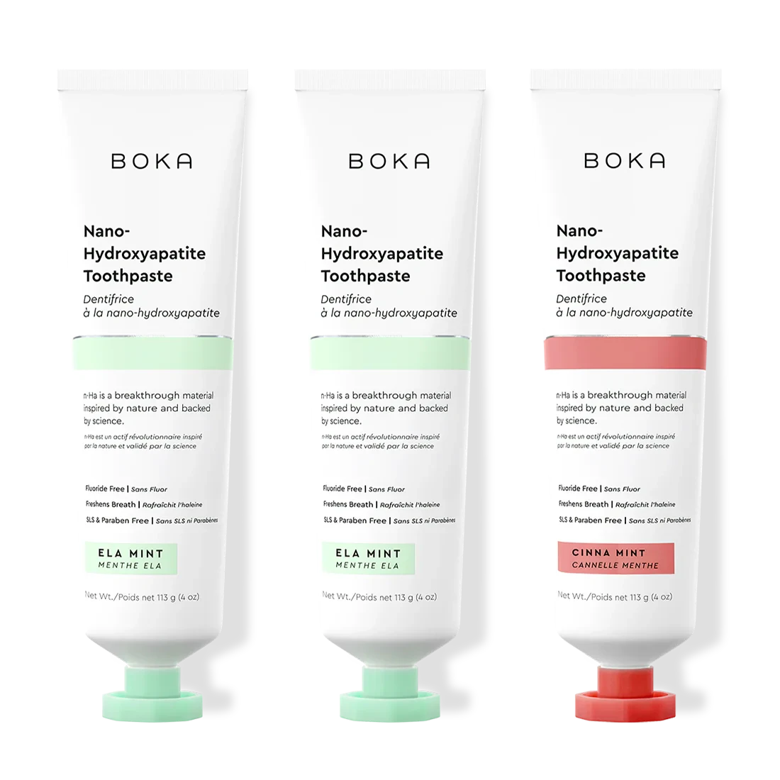 Three tubes of Boka Nano-Hydroxyapatite Toothpaste with different flavors on a white background.