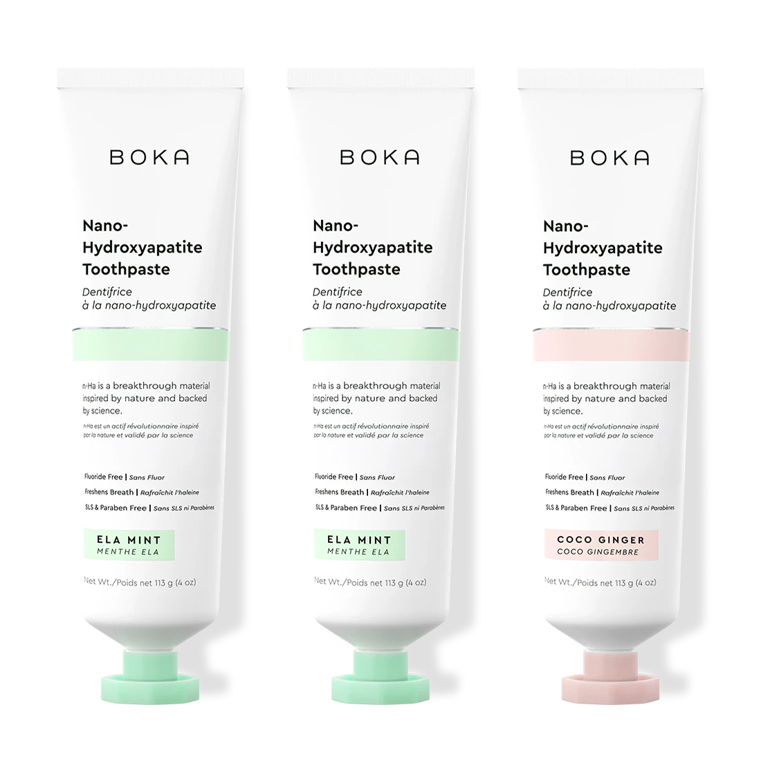Three tubes of Boka Nano-Hydroxyapatite Toothpaste on a white background