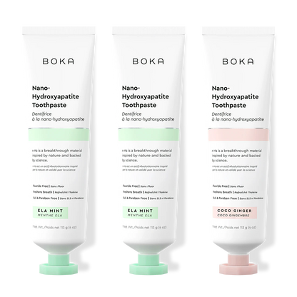 Three tubes of Boka Nano-Hydroxyapatite Toothpaste on a white background