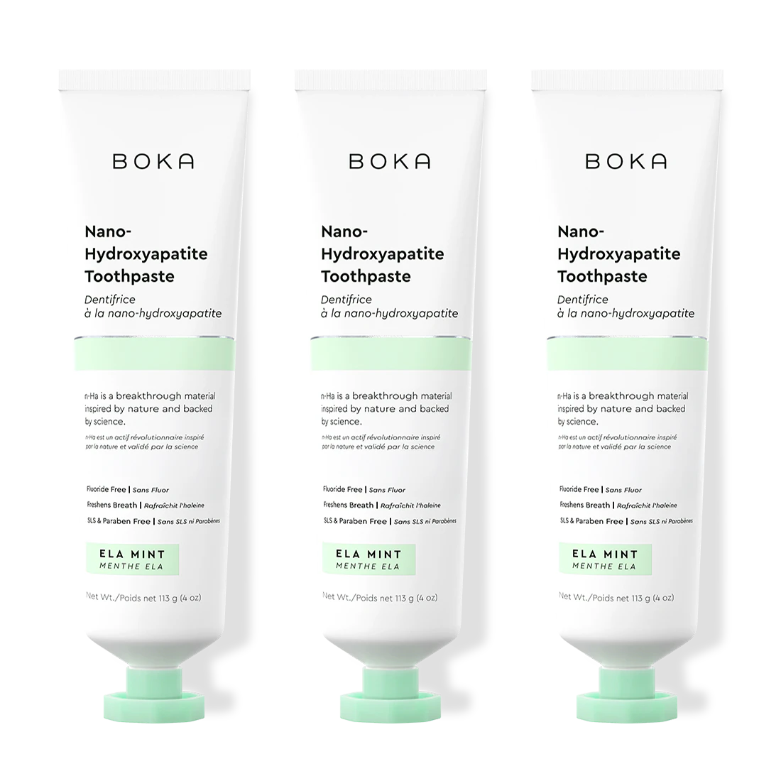 Three tubes of Boka Nano-Hydroxyapatite Toothpaste on a white background