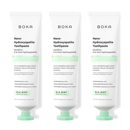 Three tubes of Boka Nano-Hydroxyapatite Toothpaste on a white background