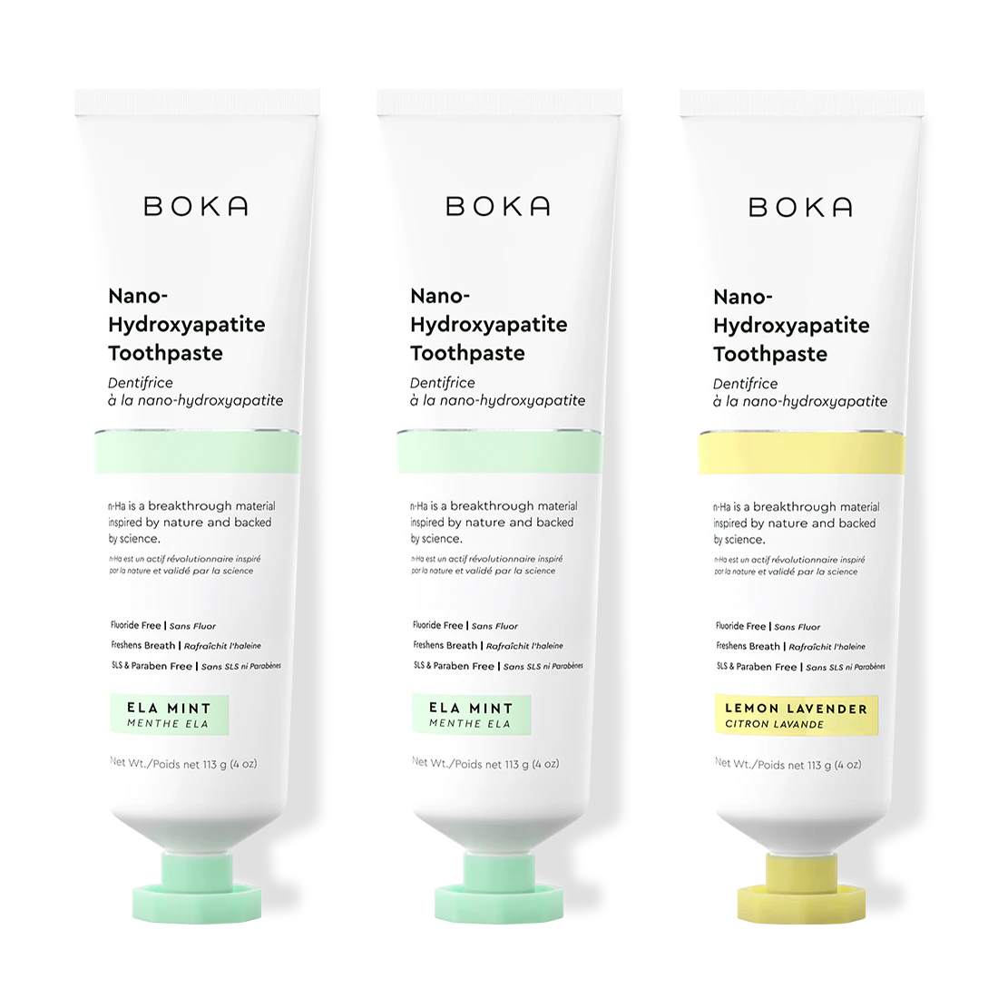Three tubes of Boka Nano-Hydroxyapatite Toothpaste on a white background