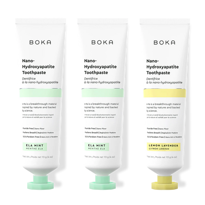 Three tubes of Boka Nano-Hydroxyapatite Toothpaste on a white background