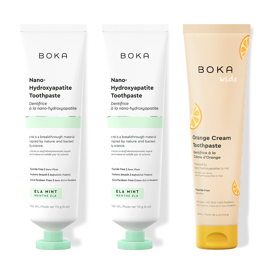 Three tubes of Boka Nano-Hydroxyapatite Toothpaste on a white background