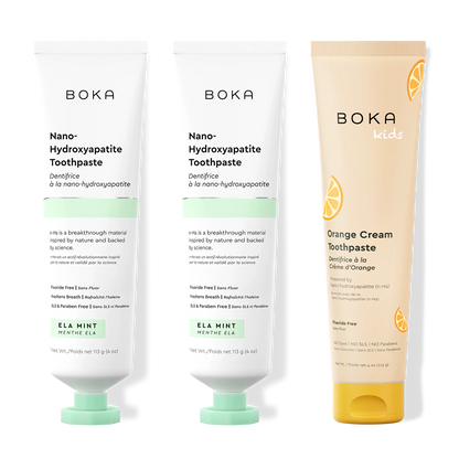 Three tubes of Boka Nano-Hydroxyapatite Toothpaste on a white background