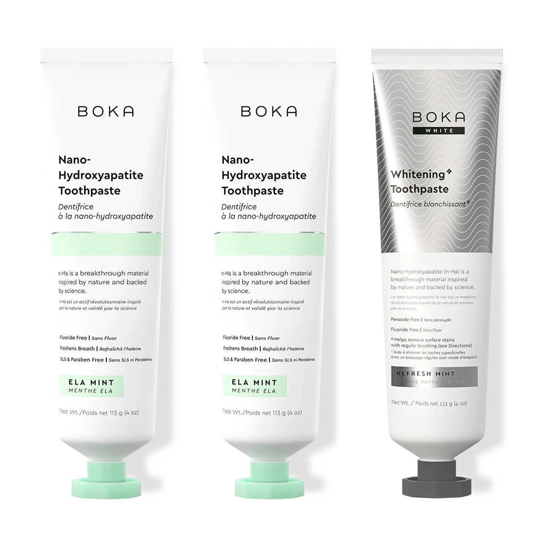 Three bottles of Boka Nano-Hydroxyapatite Toothpaste on a white background