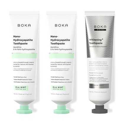Three bottles of Boka Nano-Hydroxyapatite Toothpaste on a white background