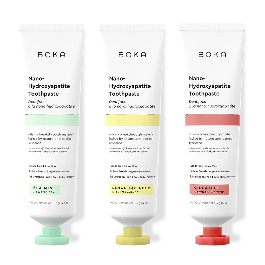 Three tubes of Boka Nano-Hydroxyapatite Toothpaste with different flavors on a white background.