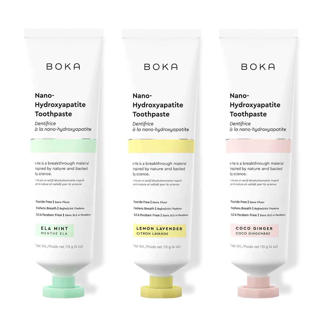 Three tubes of Boka Nano-Hydroxyapatite Toothpaste on a white background