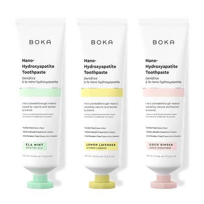 Three tubes of Boka Nano-Hydroxyapatite Toothpaste on a white background