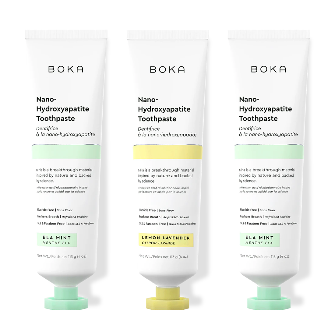 Three tubes of Boka Nano-Hydroxyapatite Toothpaste on a white background