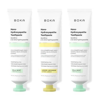 Three tubes of Boka Nano-Hydroxyapatite Toothpaste on a white background