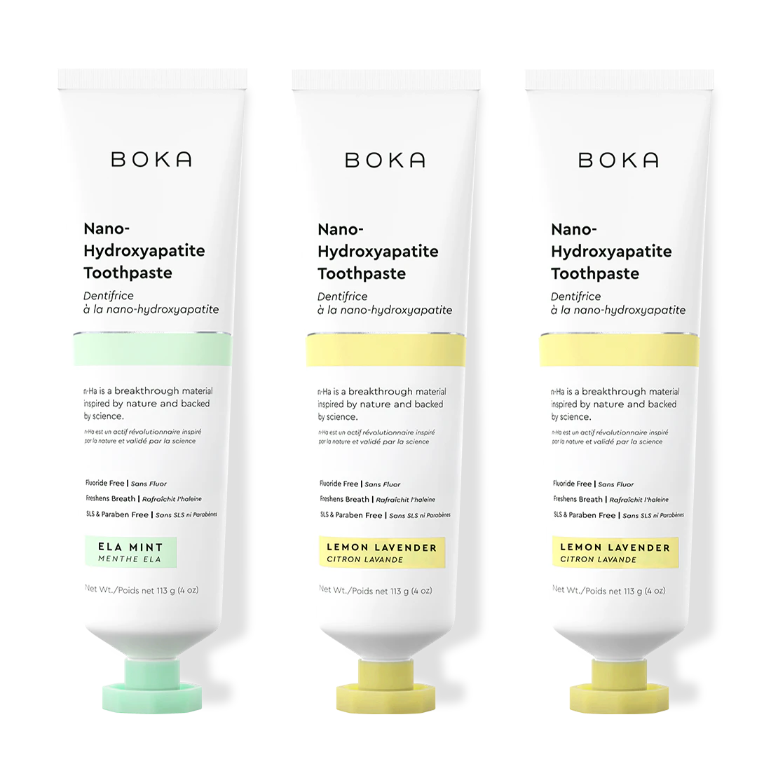 Three tubes of Boka Nano-Hydroxyapatite Toothpaste on a white background