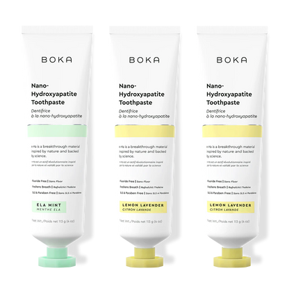 Three bottles of Boka Nano-Hydroxyapatite Toothpaste on a white background