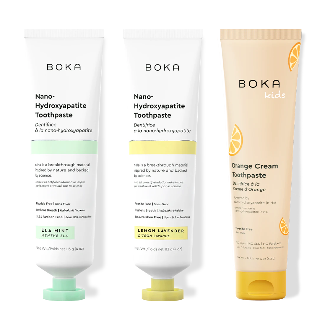 Three bottles of Boka Nano-Hydroxyapatite Toothpaste on a white background