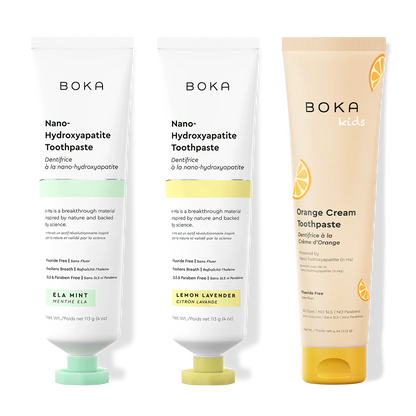 Three bottles of Boka Nano-Hydroxyapatite Toothpaste on a white background