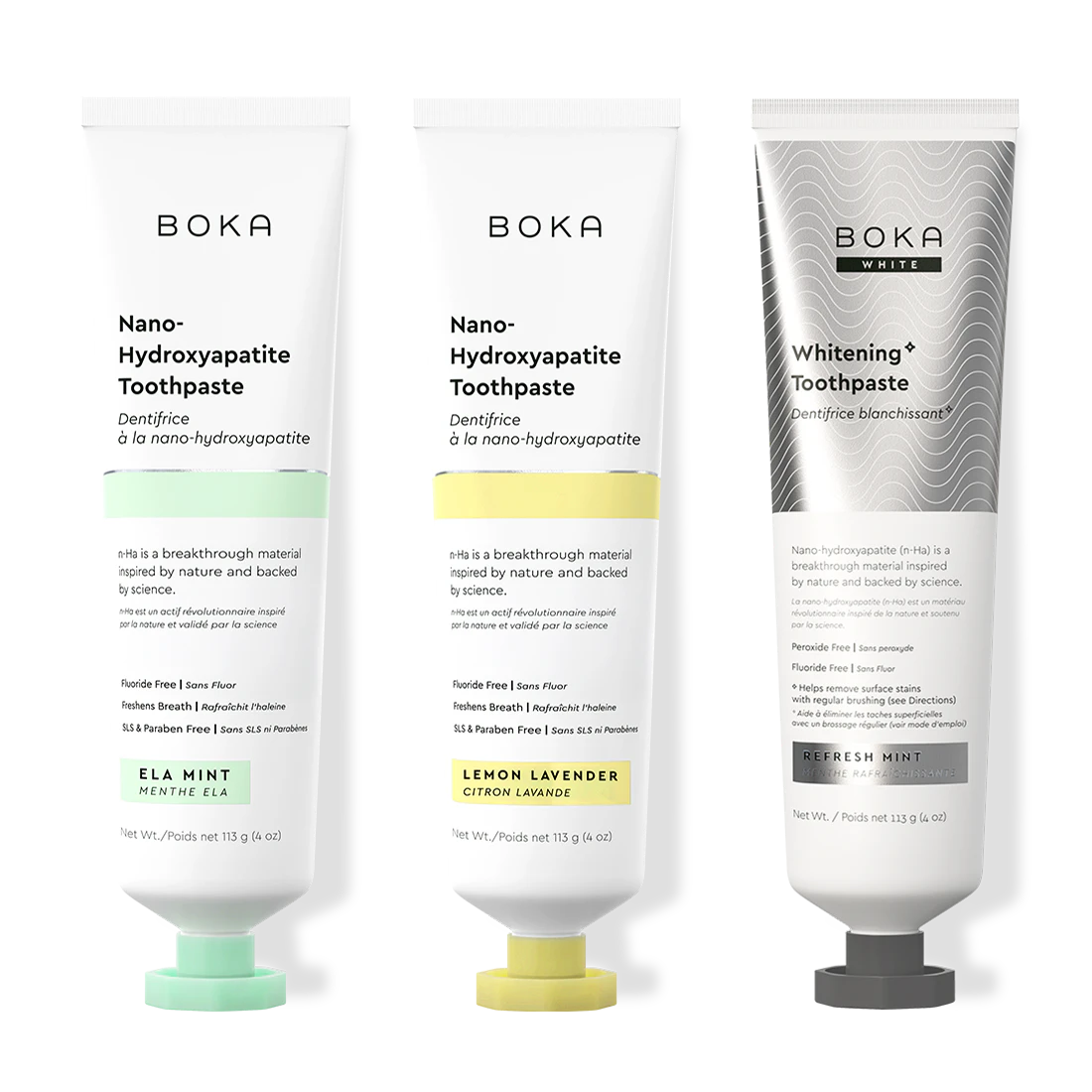 Three bottles of Boka Nano-Hydroxyapatite Toothpaste on a white background