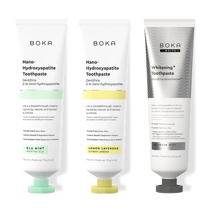 Three bottles of Boka Nano-Hydroxyapatite Toothpaste on a white background