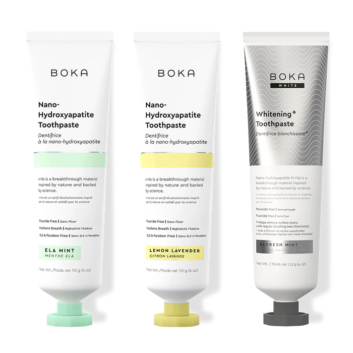 Three bottles of Boka Nano-Hydroxyapatite Toothpaste on a white background