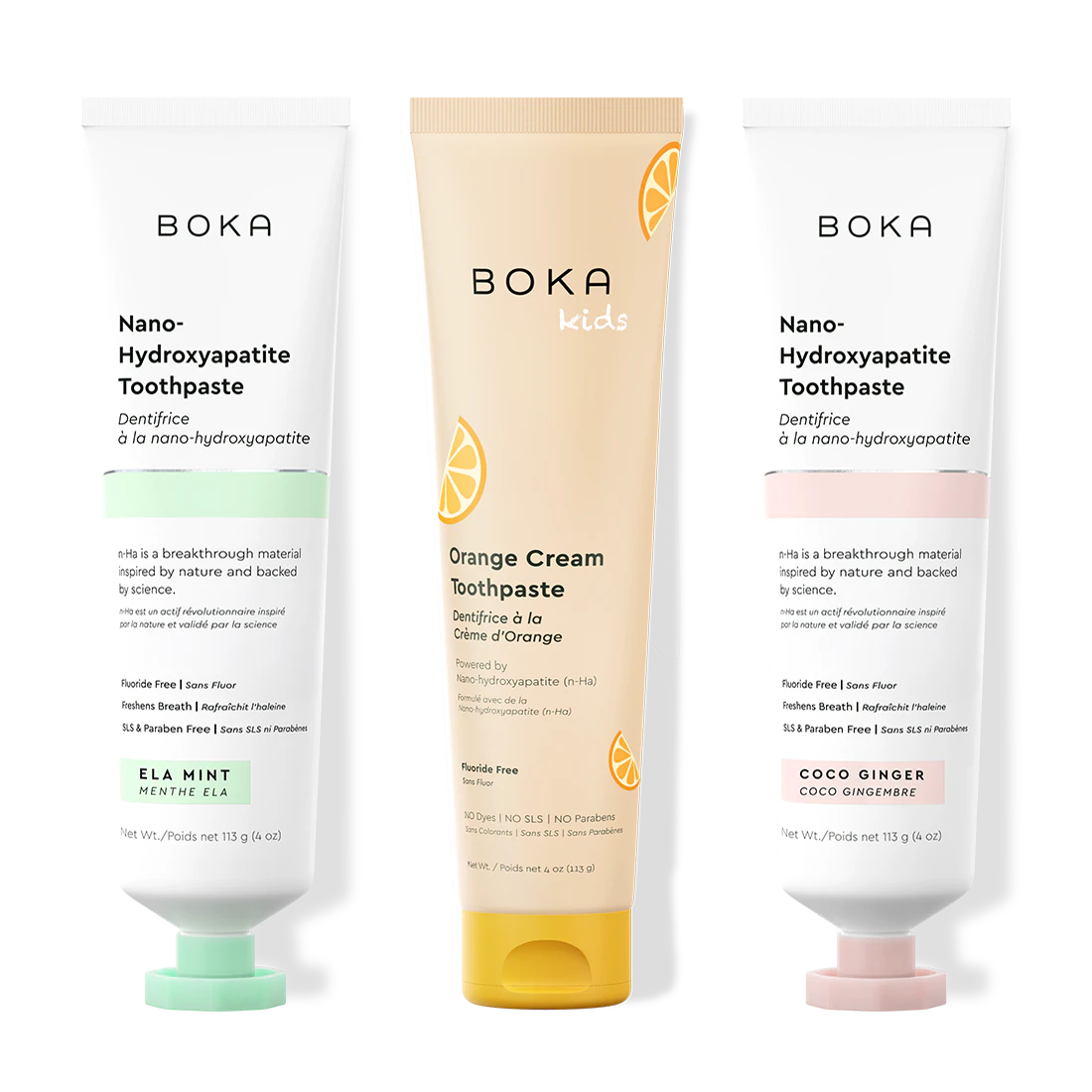 Three tubes of Boka Nano-Hydroxyapatite Toothpaste on a white background