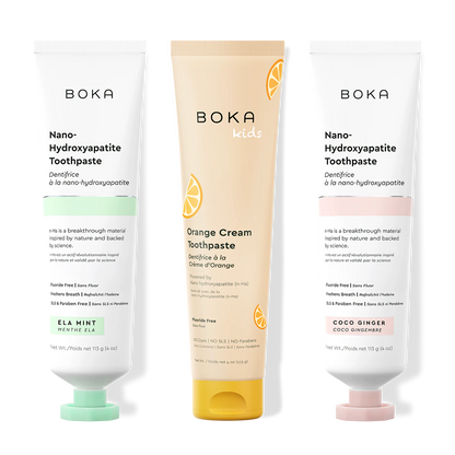 Three tubes of Boka Nano-Hydroxyapatite Toothpaste on a white background