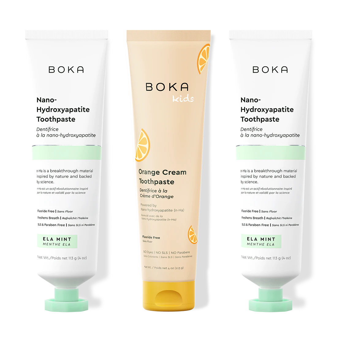 Three tubes of Boka Nano-Hydroxyapatite Toothpaste on a white background