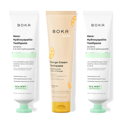 Three tubes of Boka Nano-Hydroxyapatite Toothpaste on a white background