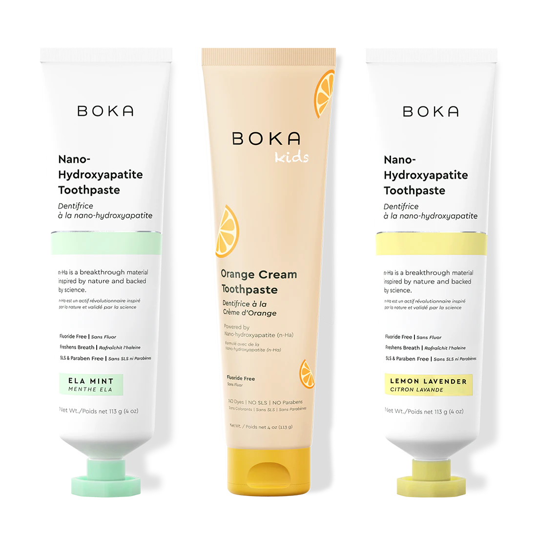 Three tubes of Boka Nano-Hydroxyapatite Toothpaste on a white background