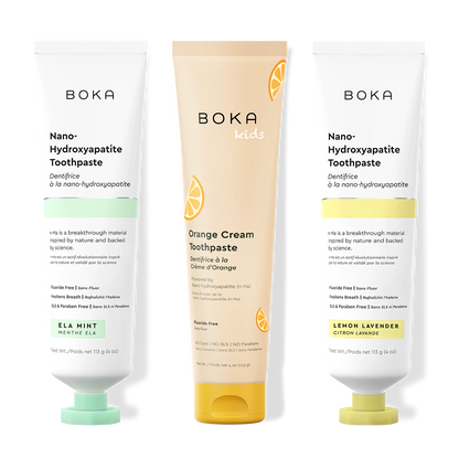 Three tubes of Boka Nano-Hydroxyapatite Toothpaste on a white background