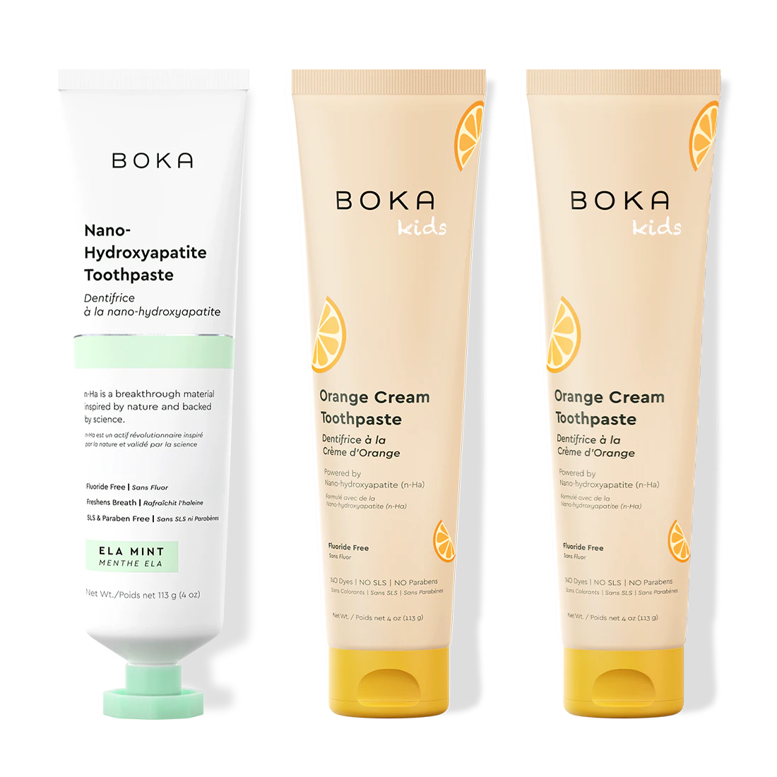 Three tubes of Boka Nano-Hydroxyapatite Toothpaste on a white background