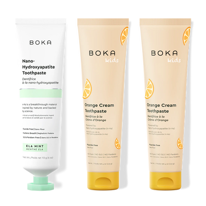 Three tubes of Boka Nano-Hydroxyapatite Toothpaste on a white background