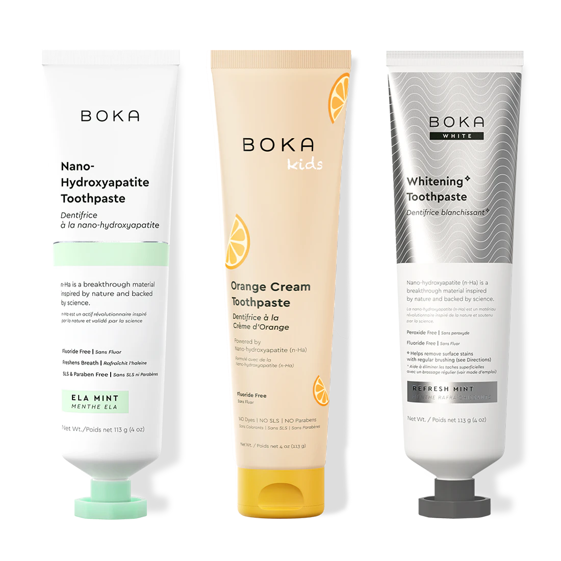Three bottles of Boka Nano-Hydroxyapatite Toothpaste on a white background