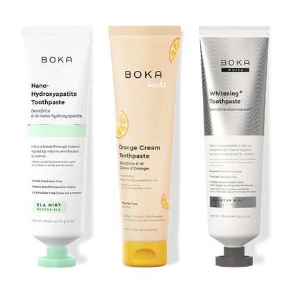 Three bottles of Boka Nano-Hydroxyapatite Toothpaste on a white background