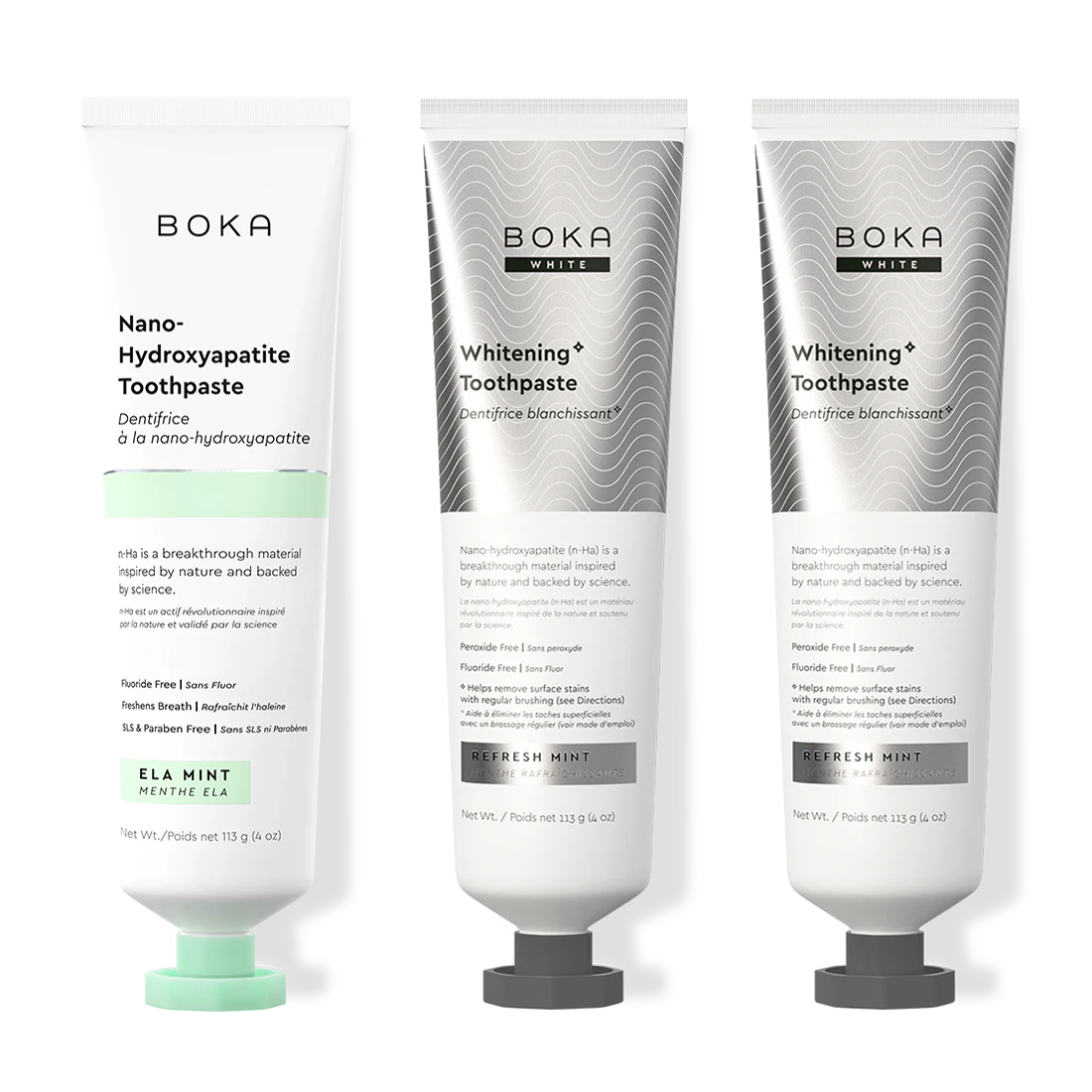 Three bottles of Boka Nano-Hydroxyapatite Toothpaste on a white background