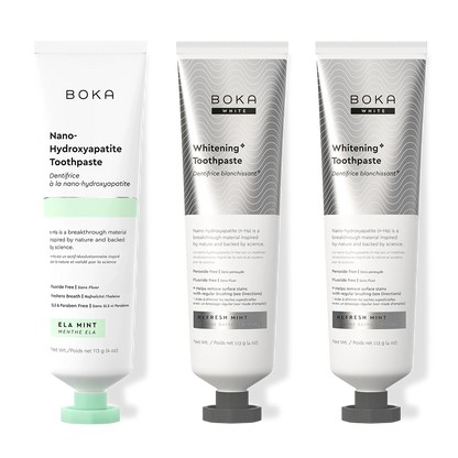 Three bottles of Boka Nano-Hydroxyapatite Toothpaste on a white background