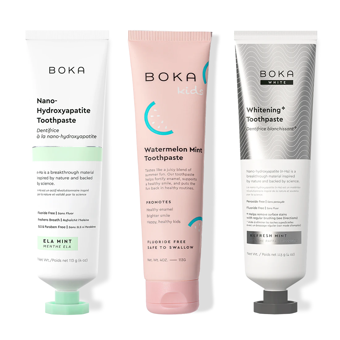 Three bottles of Boka Nano-Hydroxyapatite Toothpaste on a white background