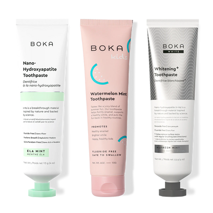 Three bottles of Boka Nano-Hydroxyapatite Toothpaste on a white background