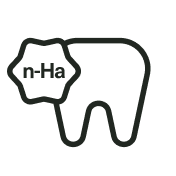 Black and white illustration of a tooth with 'n-Ha' text inside a circular shape.